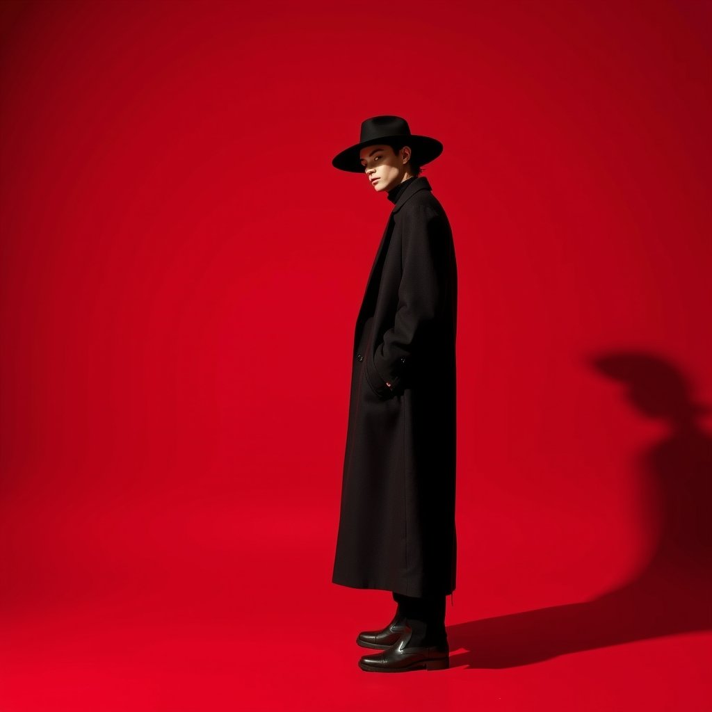 Model in the Obsidian overcoat and a wide-brim hat against a red backdrop