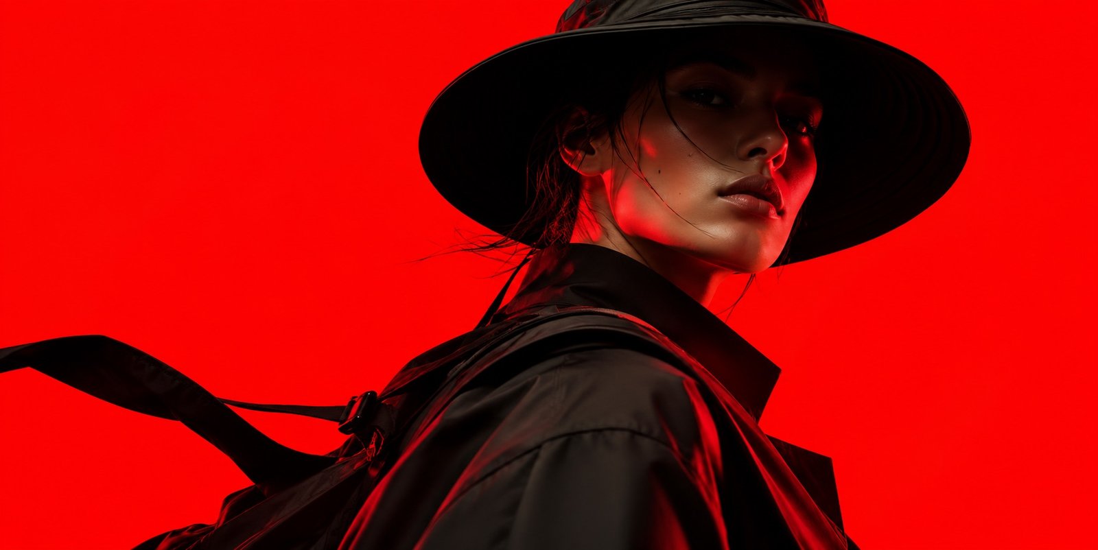 Model in a black NOIRÉ coat and wide-brim hat against a red backdrop